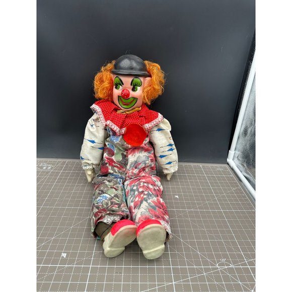 MCM or Antique Hand Made Clown Doll Rubber Cloth Straw Insides? Squeaks Magician